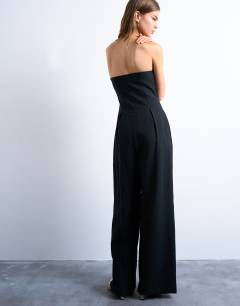 Model wearing Seamed wide leg linen jumpsuit in black