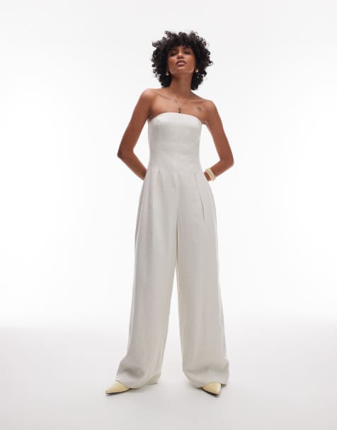 Topshop seamed wide leg linen jumpsuit in natural - view 1