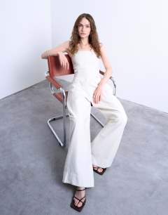 Seamed wide leg linen jumpsuit in natural