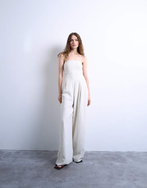 Topshop seamed wide leg linen jumpsuit in natural, 3 of 4