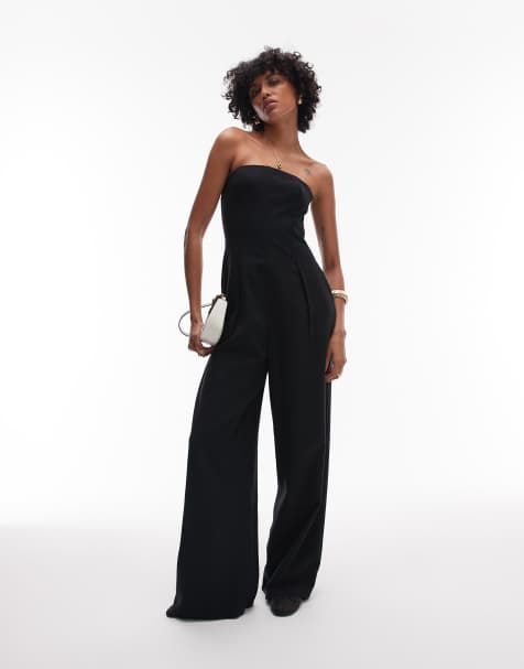 Topshop seamed wide leg linen mix jumpsuit in black - view 1