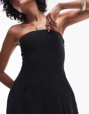 Topshop Seamed Wide Leg Linen Mix Jumpsuit In Black