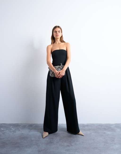 Topshop seamed wide leg linen mix jumpsuit in black
