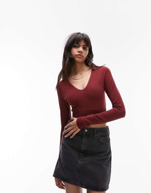 Topshop seamless long sleeve v neck crop top in dark red