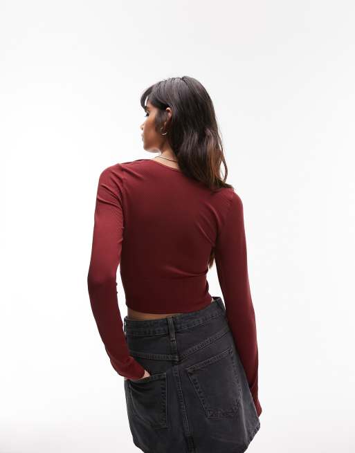 Topshop seamless long sleeve v neck crop top in dark red, 2 of 4