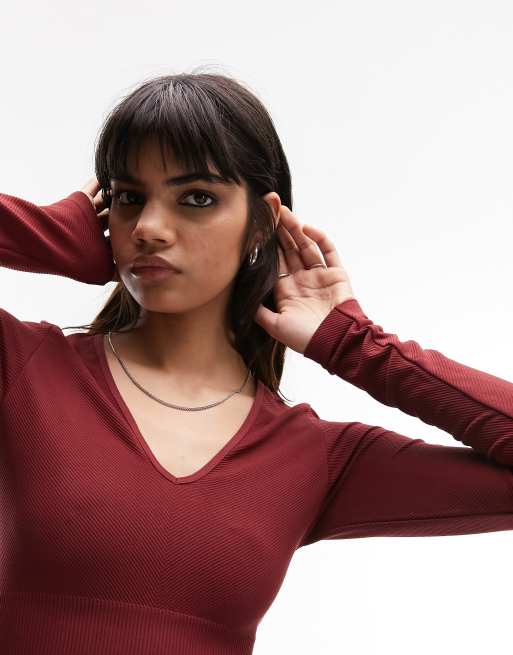 Topshop seamless long sleeve v neck crop top in dark red, 3 of 4