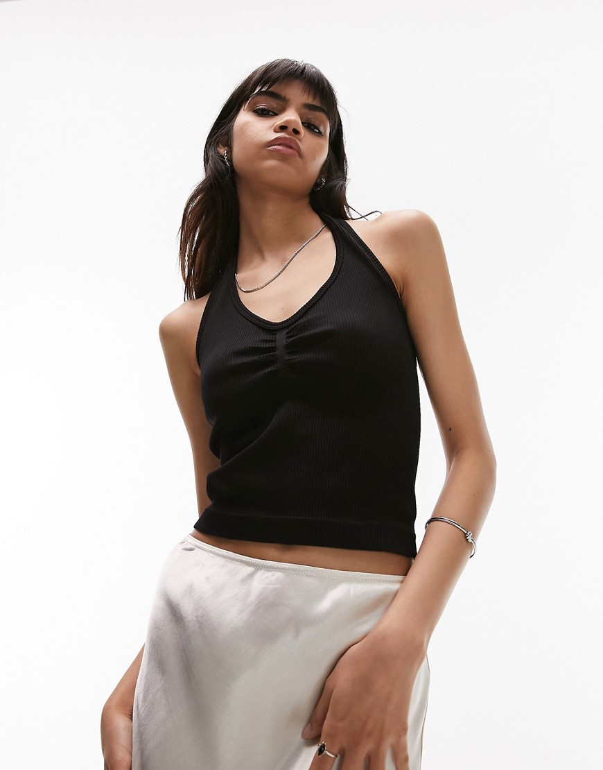 Topshop seamless ruched front halter top in black