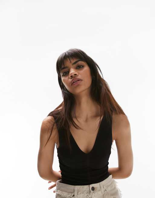 Topshop seamless ruched v-neck singlet in black