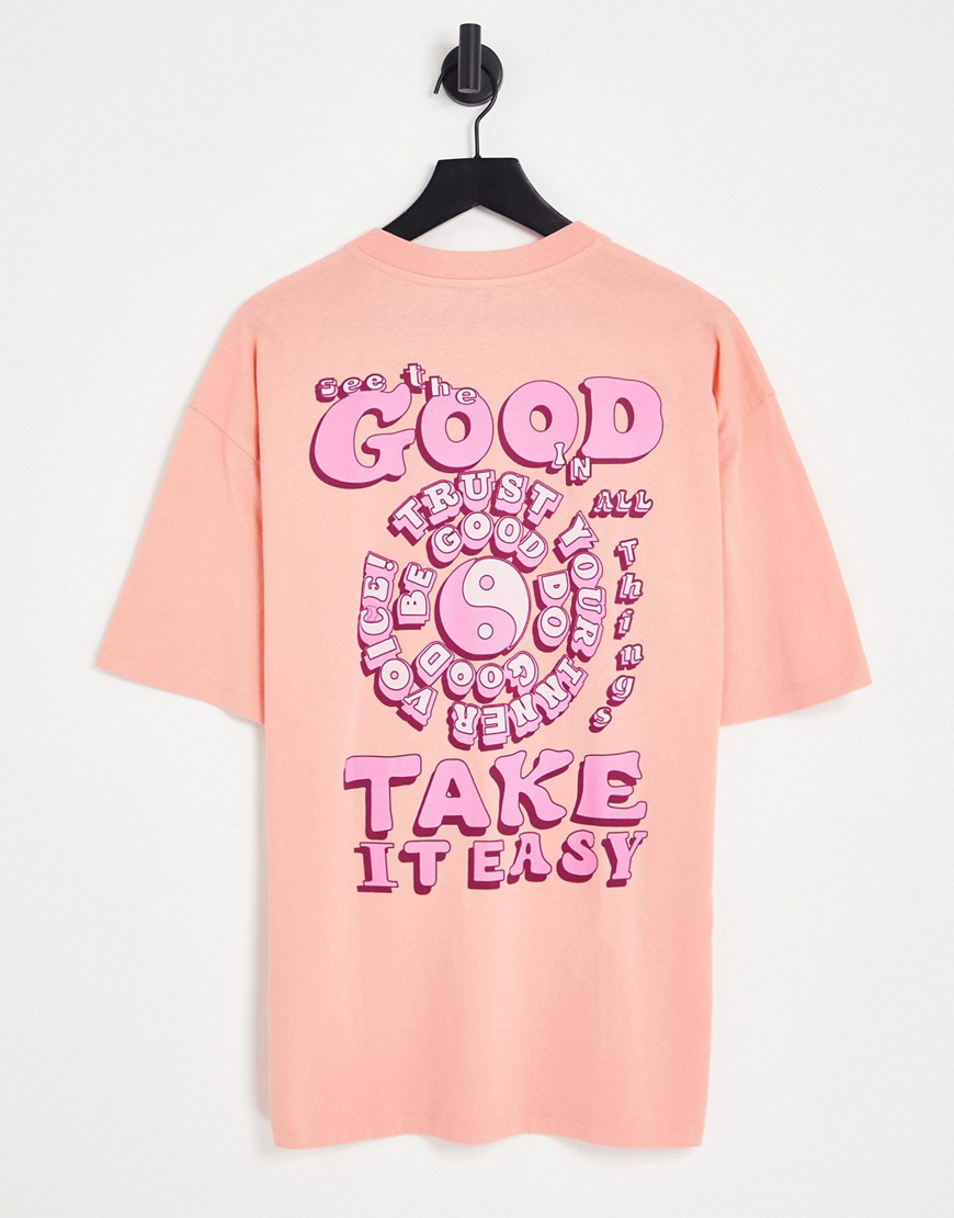 Topshop see the good back graphic oversized tee in coral-Multi