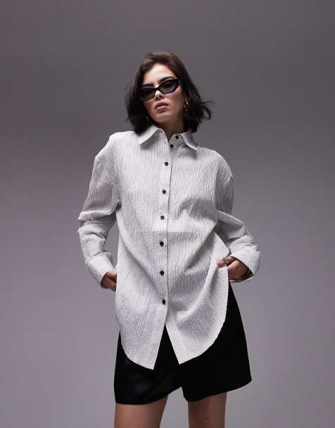 Topshop seersucker back pleat detail shirt in mono stripe - view 1