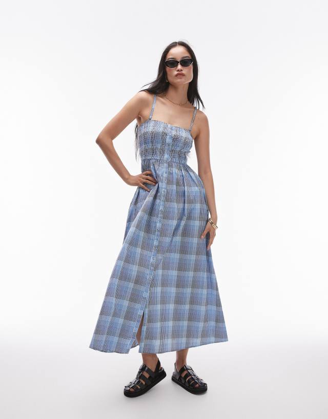 Topshop - seersucker check shirred midi dress in blue check