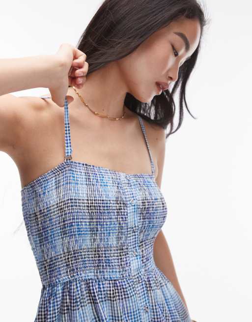 Topshop seersucker check shirred midi dress in blue check ASOS