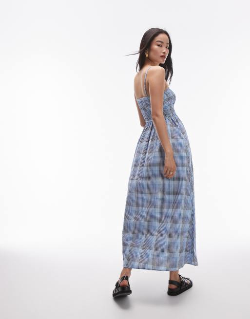blue check midi dress Blue Plaid Ruffle Sleeve Smocked Midi Dress – Modern Millie main image 0