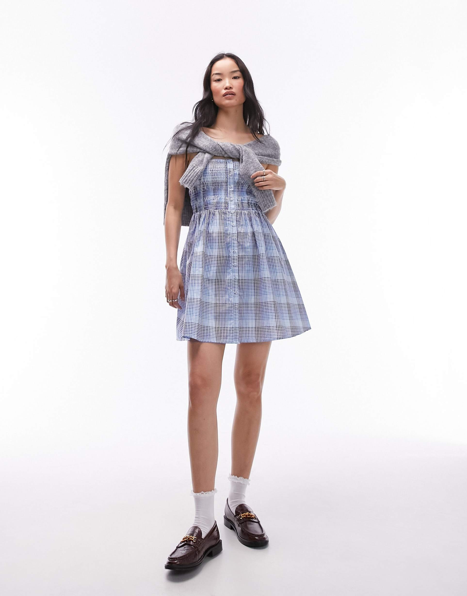 topshop seersucker check shirred mini dress in blue check