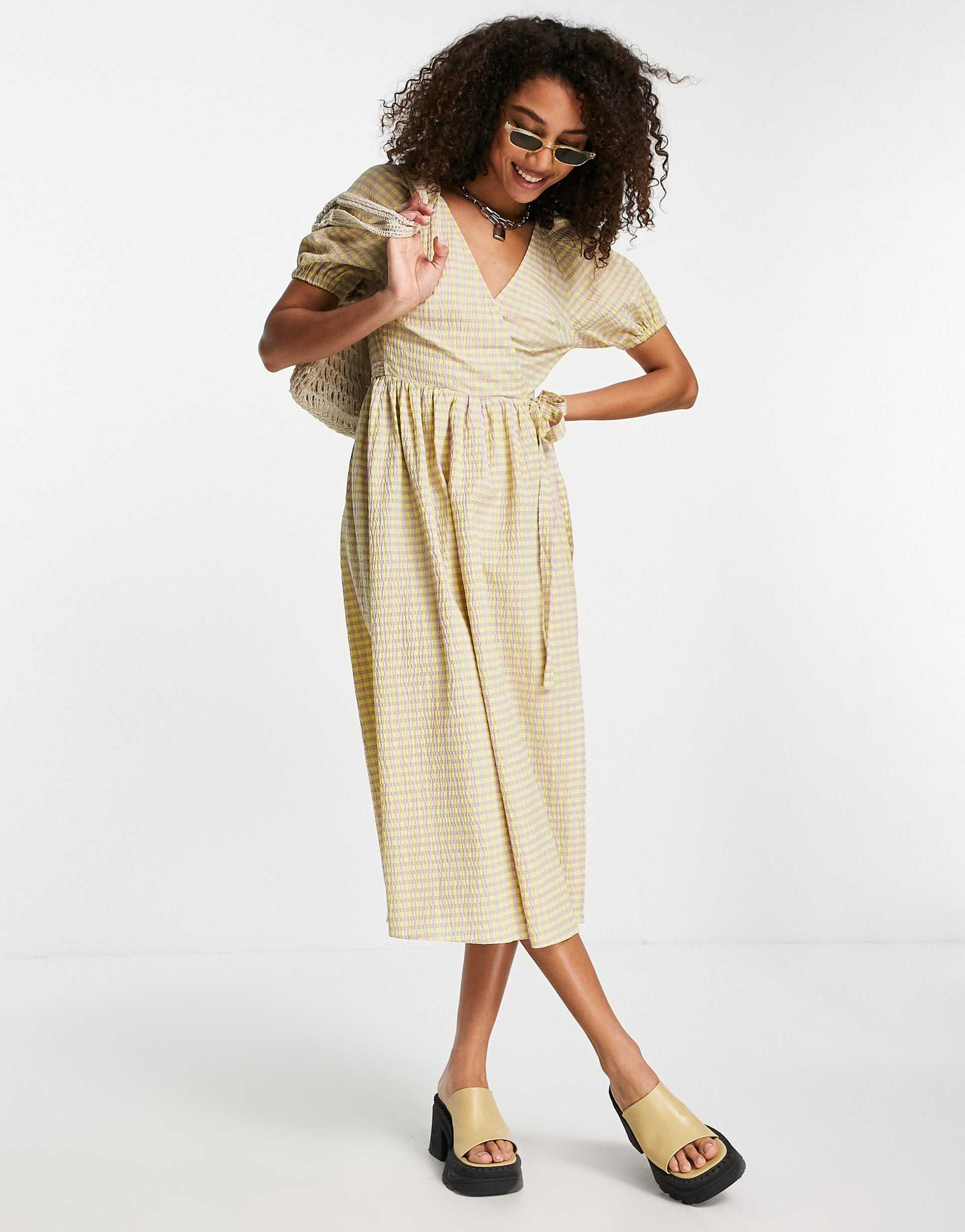 topshop seersucker check wrap dress in lime and lilac