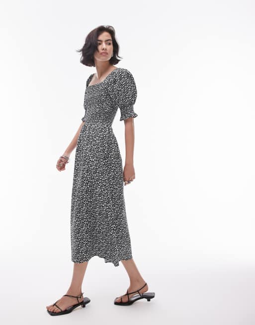 Topshop seersucker midi dress in monochrome floral