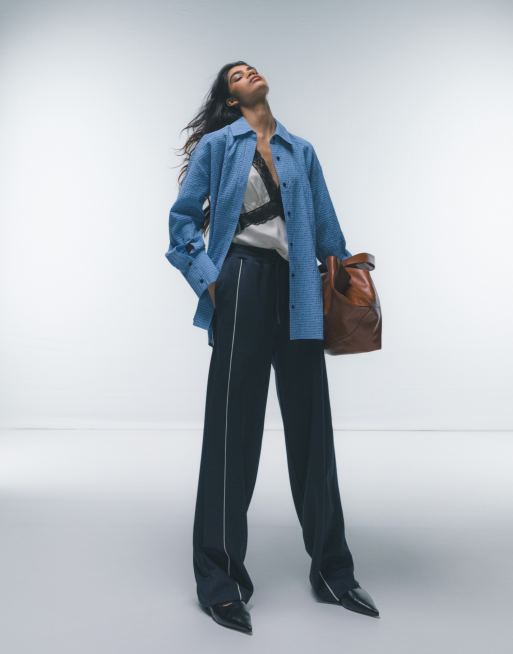 Topshop seersucker oversized dad shirt in blue check