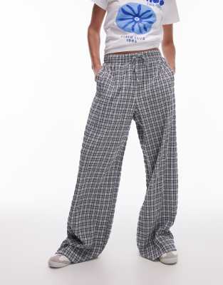 seersucker plaid pull on wide leg pants-Blue