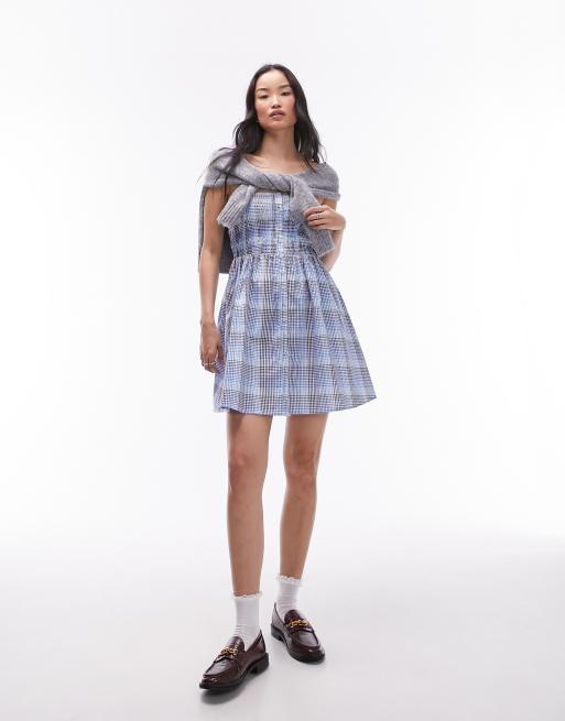 Topshop seersucker shirred mini dress in blue check
