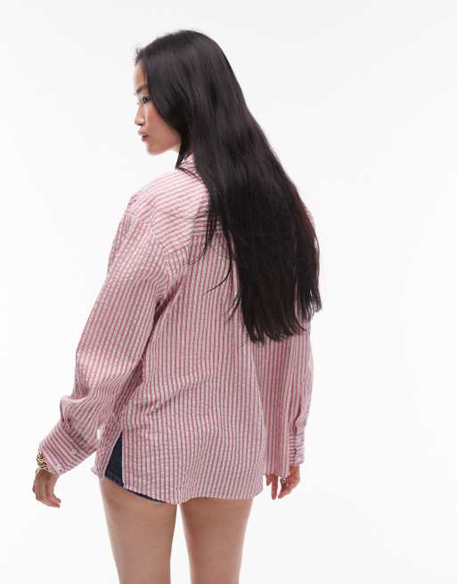 Topshop seersucker shirt in red & ivory stripe, 4 of 4