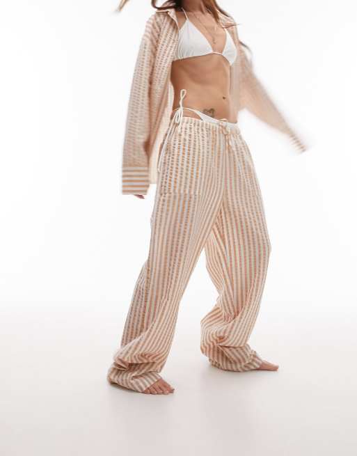 Topshop seersucker stripe straight leg pants in brown (part of a set)