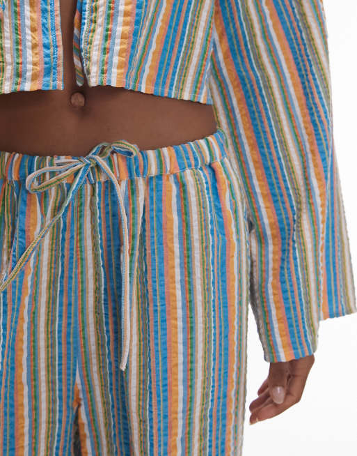 Topshop seersucker striped wide leg beach pants in multi part of