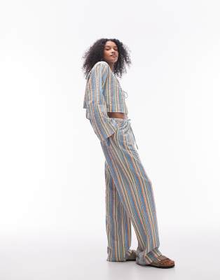 Shop Topshop Seersucker Striped Wide Leg Beach Pants In Multi