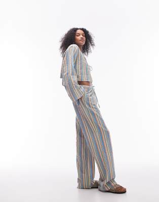 Topshop Seersucker Striped Wide Leg Beach Pants-multi