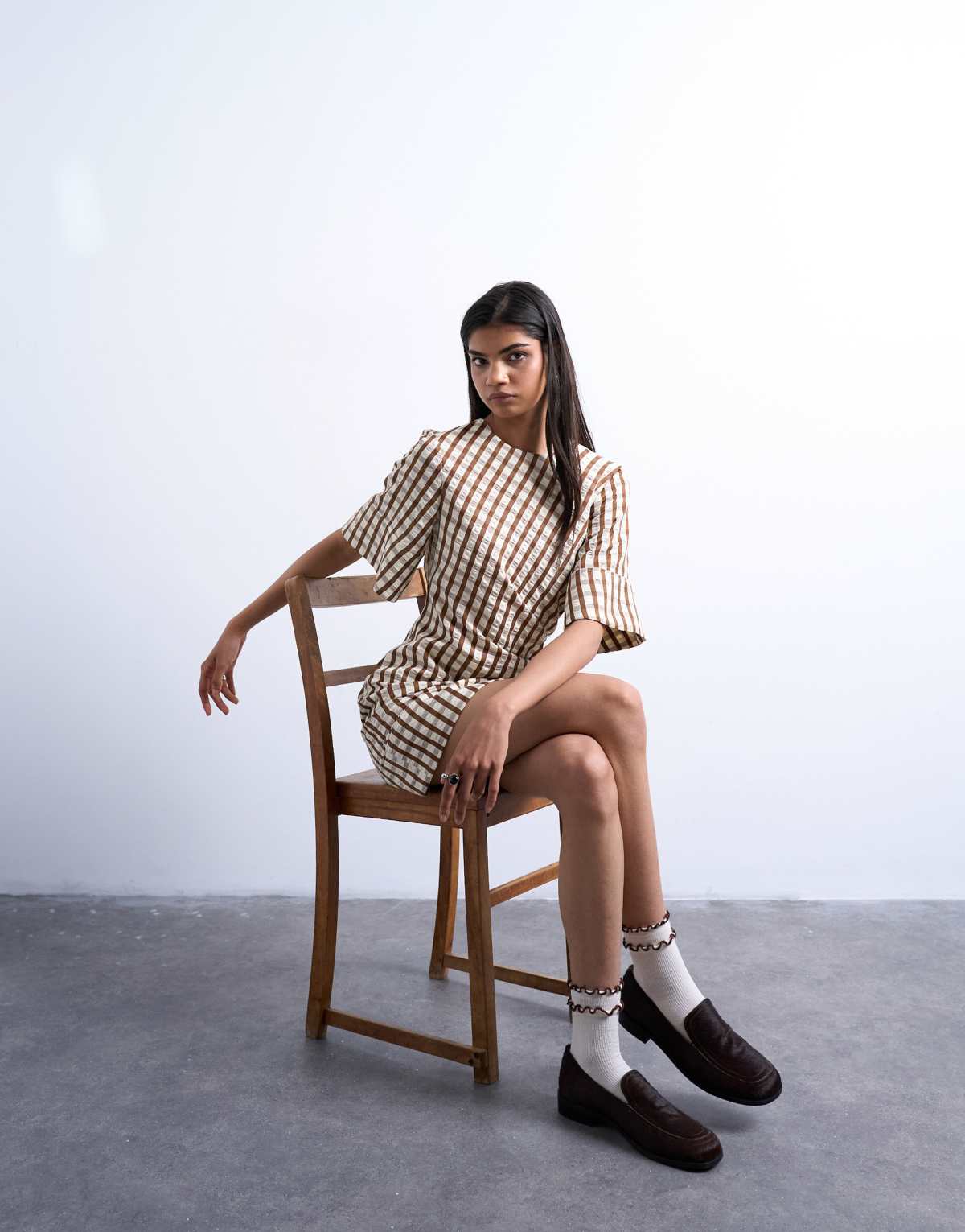 Topshop seersucker T-shirt mini dress in brown check