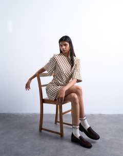Seersucker T-shirt mini dress in brown check
