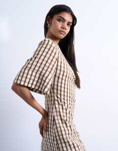 Model wearing Seersucker T-shirt mini dress in brown check
