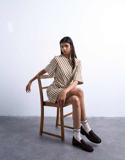 Topshop seersucker T-shirt mini dress in brown plaid - view 1