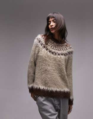 Topshop - Sehr flauschiger Strickpullover in neutralem Farbton mit Norwegermuster