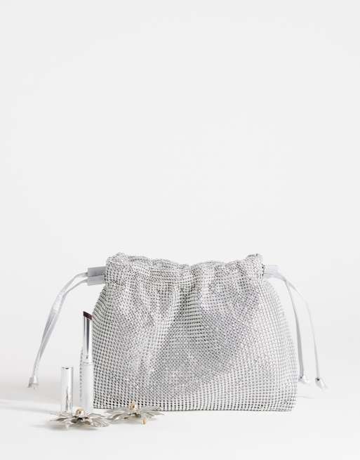 Topshop Seleena kleine Clutch mit Strass und Kordelzug in Silber, 2 von 4