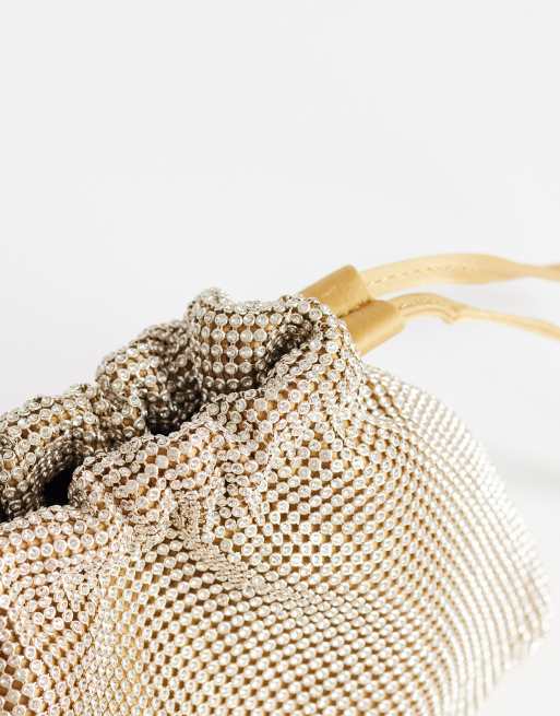 Topshop Seleena small diamante drawstring clutch bag in gold, 3 of 4