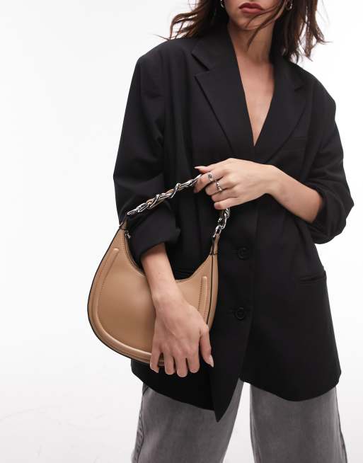 Topshop - Selena - Borsa da spalla arrotondata color cammello con catenina