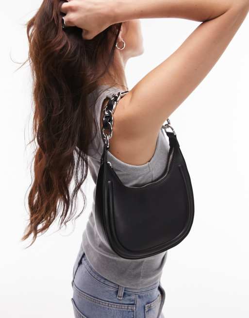 Topshop - Selena - Borsa da spalla arrotondata nera con catenina