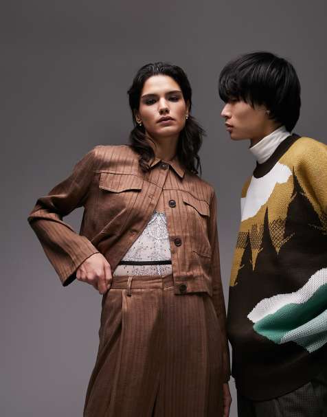 Topshop self-stripe cropped shacket in brown - part of a set - view 1