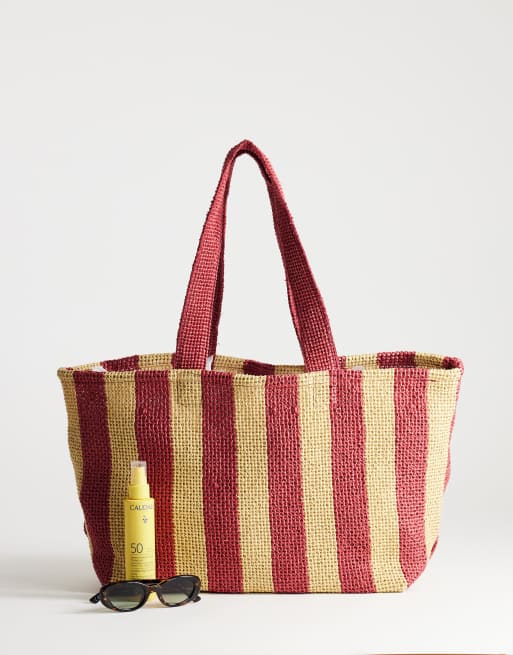 Topshop Selia large stripe straw tote bag in red & pink, 2 of 4
