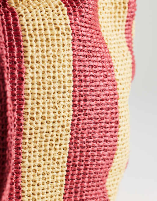 Topshop Selia large stripe straw tote bag in red & pink, 3 of 4
