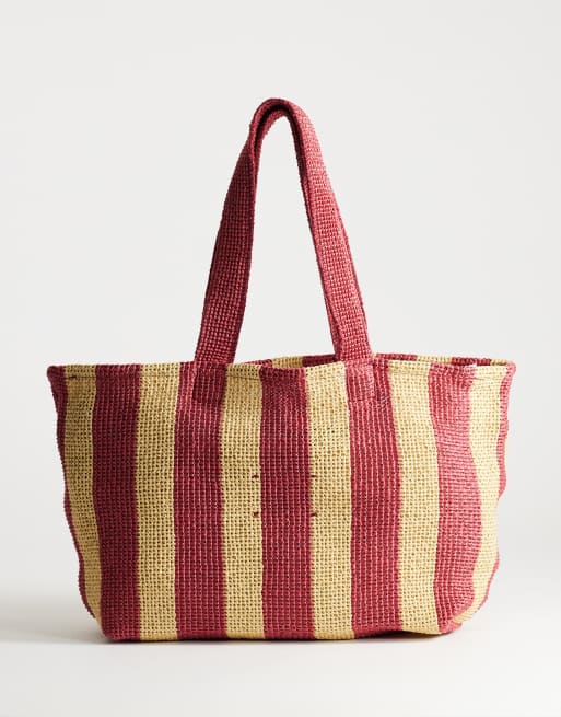 Topshop Selia large stripe straw tote bag in red & pink, 4 of 4