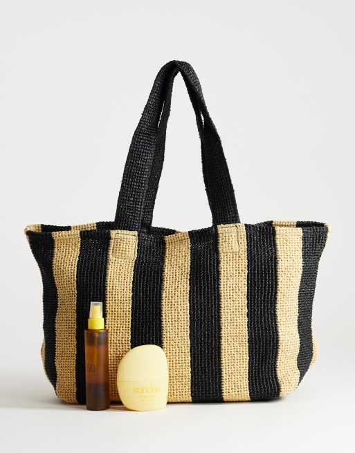 Topshop Selia large striped straw tote in black & natural, 2 of 4
