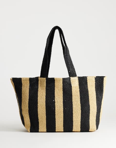 Topshop – Selia – Svart och beige, randig toteväska i strå - view 1