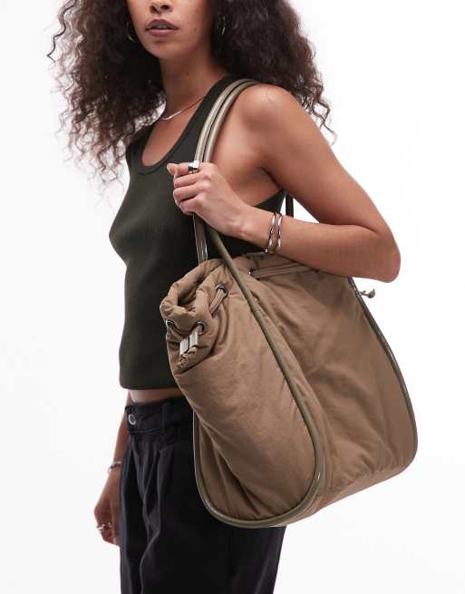 Topshop – Selina – Marszczona torebka nylonowa w kolorze khaki z lamówką