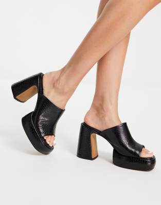 Topshop Selina premium leather platform mules in black croc - ASOS Price Checker