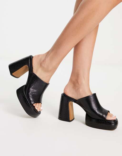 Topshop Selina premium leather platform mule in black croc | ASOS