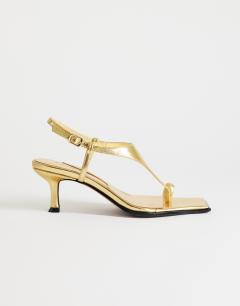 Selina tie up heeled sandal with toe loop in gold