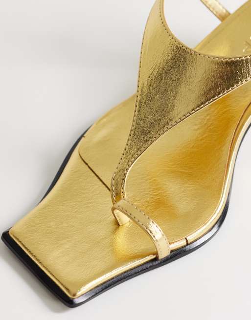 Topshop Selina tie up heeled sandals with toe loop in gold, 4 of 4