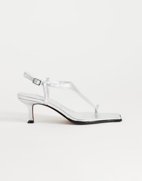 Topshop Selina tie up mid heeled sandal with toe loop in silver - view 1