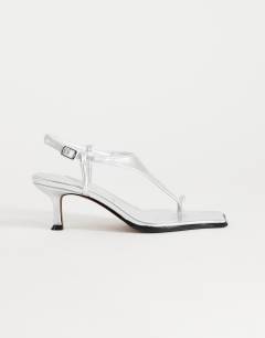 Selina tie up mid heeled sandal with toe loop in silver